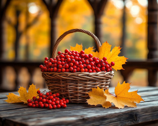 Bright Red Rowan Clusters in Woven Basket – Cozy Autumn Composition for Thanksgiving Card, Fall Interior Styling or Nature Lovers Art - Kulkann75