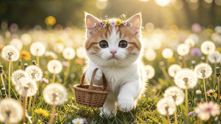 Очаровательный котенок с корзинкой на одуванчиковом поле - Vvicca
