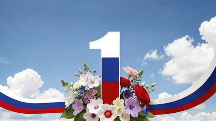 Праздничный букет с лентой в виде российского флага на фоне солнечного неба - Vvicca