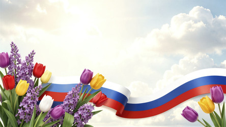 Праздничный букет с российским флагом на солнечном небе - Vvicca