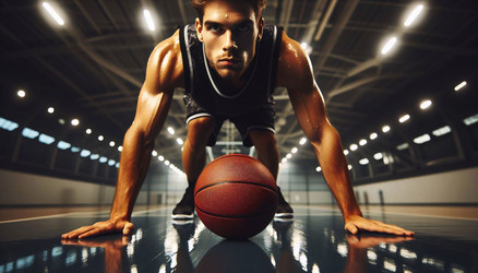 Эффектный снимок баскетболиста, сделанный с нижнего ракурса, в классической защитной стойке, с сосредоточенным, напряженным выражением лица и низко поднятым мячом. Изображение создано искусственным интеллектом - yuyu