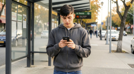 Молодой человек пользуется смартфоном на автобусной остановке - Vvicca