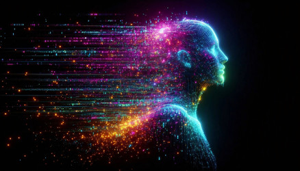 Эффектная футуристическая сцена с цифровым аватаром неонового цвета, форма которого растворяется в потоке яркого светящегося кода и двоичных чисел. Изображение, созданное искусственным интеллектом - yuyu