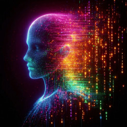 Эффектная футуристическая сцена с цифровым аватаром неонового цвета, форма которого растворяется в потоке яркого светящегося кода и двоичных чисел. Изображение, созданное искусственным интеллектом - yuyu