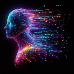 Эффектная футуристическая сцена с цифровым аватаром неонового цвета, форма которого растворяется в потоке яркого светящегося кода и двоичных чисел. Изображение, созданное искусственным интеллектом - yuyu
