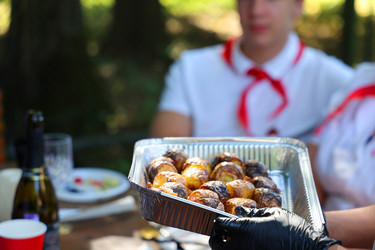Человек держит поднос из фольги с жареным картофелем на пикнике - Patipas