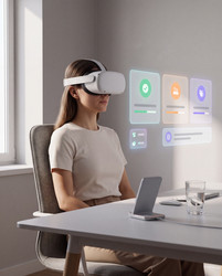 Погружение в виртуальную реальность: женщина в VR‑гарнитуре в современном офисе - zemlyansky32