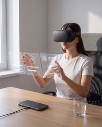 Взаимодействие с голографическим интерфейсом в VR: женщина в современном офисе - zemlyansky32