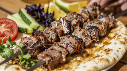 Шашлычки из баранины на гриле с питой и свежими овощами - Vvicca