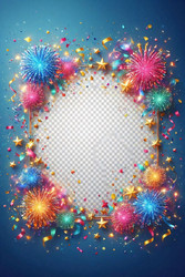 Праздничная рамка с разноцветными конфетти, фейерверками и золотыми звездами, изображение, созданное с помощью искусственного интеллекта - yuyu