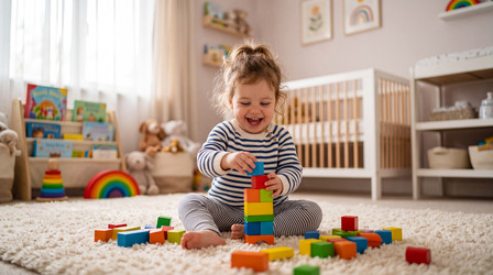 Счастливая девочка 2–3 лет строит башню из разноцветных кубиков в уютной детской: момент радости и раннего развития - zemlyansky32