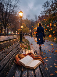 Осенний вечер в парке: открытая книга, уютный шарф и уходящая вдаль фигура - zemlyansky32