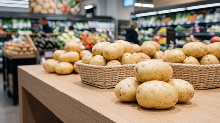 Картофель в супермаркете: аккуратные клубни в плетеных корзинах на деревянной столешнице - zemlyansky32