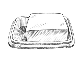 Масленка с маслом. Иллюстрации ручной работы, выполненные карандашом на тему фермы. Для оформления открыток, обложек, принтов, этикеток для товаров и тканей - Lizyaeva_art