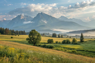 Горный ландшафт с холмами и туманными вершинами. Генеративный ИИ - RomanZ