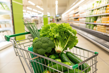 Тележка, наполненная свежими зелеными овощами, в продуктовом магазине. Генеративный ИИ - RomanZ