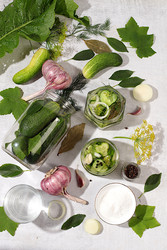 Огурцы с укропом, чесноком, хреном, листьями для засолки и маринованные огурцы в банках на кухонном столе. Концепция урожая. Рецепт и ингредиенты для домашних солений. Концепция домашнего консервирования - svetlanabalyn