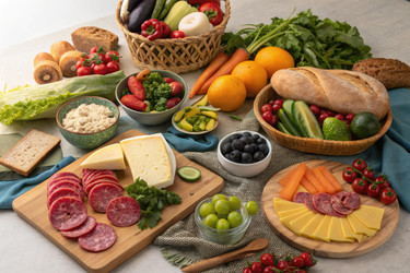 Красочный ассортимент свежих продуктов, выставленных на столе. Генеративный искусственный интеллект - RomanZ