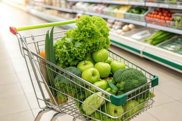 Тележка для покупок, наполненная свежими зелеными продуктами в магазине (генеративный ИИ) - RomanZ