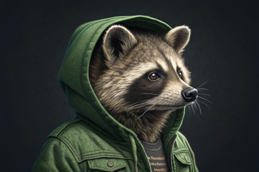 Полосатый енот в зеленой куртке с капюшоном привлекает внимание генеративного ИИ - RomanZ