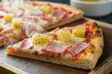 Вкусный кусочек пиццы с ветчиной и ананасом на деревянной доске. Генеративный ИИ - RomanZ