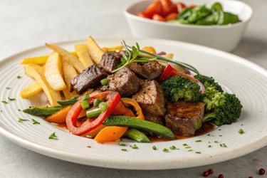 Вкусное мясное и овощное ассорти, подаваемое с картофелем фри. Генеративный искусственный интеллект - RomanZ
