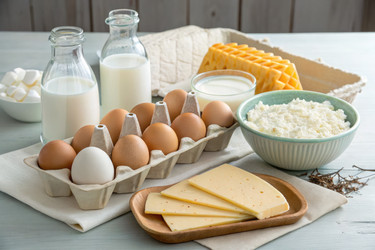 Свежие молочные продукты и яйца, разложенные на деревенском столе. Генеративный искусственный интеллект - RomanZ