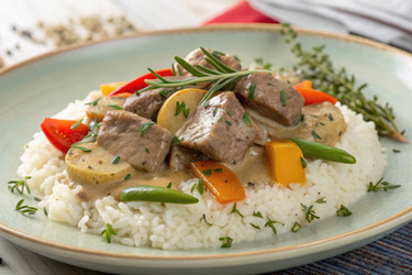 Вкусное телячье бланке, подаваемое с рисом и овощами. Генеративный искусственный интеллект - RomanZ