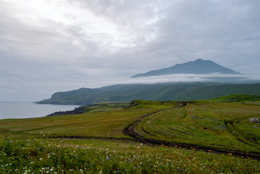 Лавовое плато Янкито с видом на вулкан Богдан Хмельницкий. о. Итуруп. The Yankito plateau with a view of the Bogdan Khmelnitsky volcano. Iturup Island. (Сахалин. Sakhalin. (marka) - marka