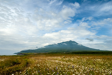 Лавовое плато Янкито с видом на вулкан Богдан Хмельницкий. о. Итуруп. The Yankito plateau with a view of the Bogdan Khmelnitsky volcano. Iturup Island. (Сахалин. Sakhalin. (marka) - marka