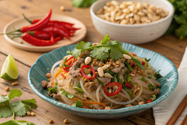 Острый салат из стеклянной лапши с рубленым свиным мясом и свежей зеленью. Генеративный искусственный интеллект - RomanZ
