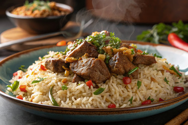 Вкуснейшее блюдо из риса с нежным мясом и зеленью, подается горячим. Генеративный искусственный интеллект - RomanZ