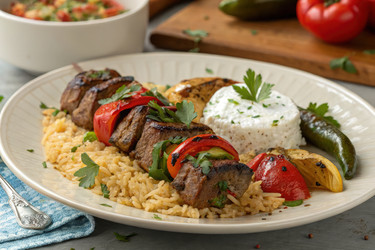 Вкусный кебаб Бейти, подаваемый с рисом и свежими овощами. Генеративный искусственный интеллект - RomanZ