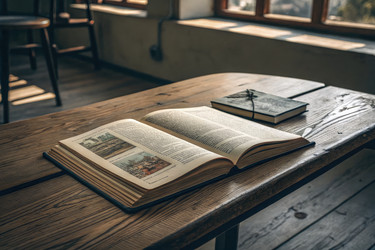 Открытая книга, лежащая на деревянном столе в уютном уголке для чтения. Генеративный искусственный интеллект - RomanZ