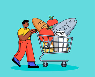 Мужчина толкает тележку, полную продуктов - artshock