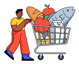 Мужчина толкает тележку, полную продуктов - artshock
