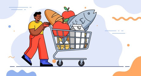 Мужчина толкает тележку, полную продуктов - artshock