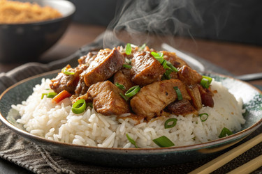 Вкуснейшее блюдо из риса с ароматным мясом и зеленым луком (генеративный ИИ) - RomanZ