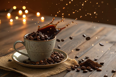 Coffee Splash создает динамичную сцену с помощью кофейных зерен и теплого света, используя генеративный искусственный интеллект - RomanZ