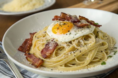 Вкусные спагетти карбонара с жареным яйцом и беконом (генеративный ИИ) - RomanZ