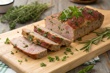 Нарезанный мясной рулет, украшенный зеленью, на разделочной доске. Генеративный ИИ - RomanZ
