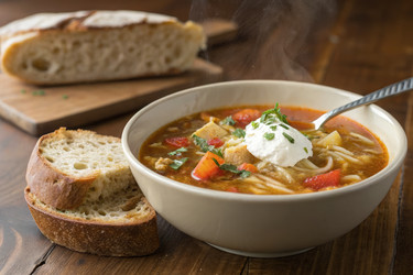 Вкусная тарелка супа с хлебом и сметаной в ресторане (генеративный ИИ) - RomanZ