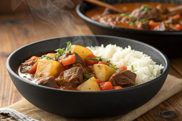 Сытное рагу из мяса и картофеля, подаваемое с рисом. Генеративный искусственный интеллект - RomanZ
