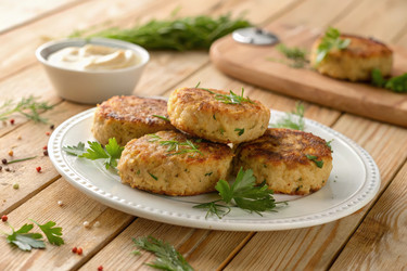 Вкусные крабовые котлеты, поданные на деревянном столе с зеленью. Генеративный ИИ - RomanZ