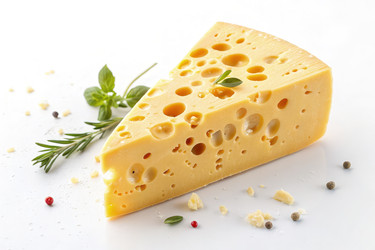 Вкусный ломтик сыра с травами на белой поверхности. Генеративный ИИ - RomanZ