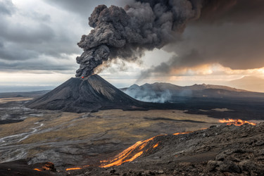 Горы извергают дым от извержения вулкана на закате. Генеративный ИИ - RomanZ