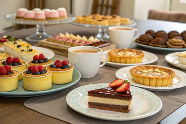 Десертный стол, наполненный разнообразными сладостями и угощениями. Генеративный искусственный интеллект - RomanZ