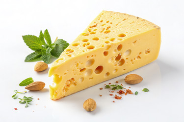 Вкусный ломтик сыра с травами и орехами на белом фоне. Генеративный ИИ - RomanZ