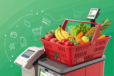 Корзина с продуктами, наполненная свежими овощами и фруктами, на кассе самообслуживания (генеративный ИИ) - RomanZ