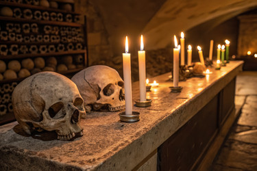 Свечи освещают черепа на каменном столе в полумраке. Генеративный ИИ - RomanZ